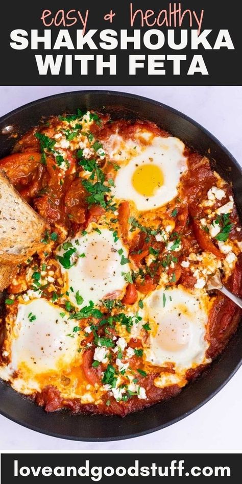 The most perfect easy brunch recipe! Shakshouka is a North African dish that poaches eggs in a spiced tomato sauce with eggs and bell peppers. Topped with feta cheese and herbs like cilantro and parsley and then served with toasted crusty bread, shakshouka is packed full of fresh flavour. This easy to make vegetarian dish is great for any meal! It's a wonderful breakfast or brunch, but also try it for a light meatless dinner. Shakshuka Recipes, Whats Gaby Cooking, Middle Eastern Dishes, Spicy Tomato Sauce, Moroccan Food, Vegetarian Breakfast, Easy Dishes, Sriracha, Food Network