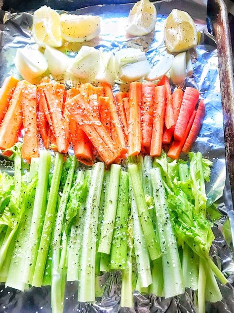 A basic mirepoix is a mix of celery, carrots and onions. It adds flavor to recipes and is typically the starter for any soup or stew. Most recipes will tell you to add it to the pot and saute until soft which is fine for most recipes. If you do it this way, it is... Read More Roasted Carrots And Celery Oven, Celery And Carrot Recipes, Recipes With Celery And Carrots, How To Cook Celery, Souper Saturday, Carrot And Celery Recipes, Veggies In The Oven, Vege Dishes, Roasted Celery