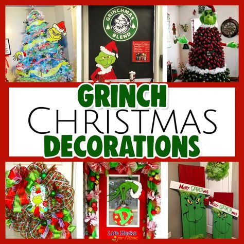 Grinch Christmas Decorations-DIY Decor, Trees, Wreath Ideas & More For 2023 Grinch Fireplace Decor Diy, Grinch Christmas Office Decor, Diy Grinch Door Decorations, Grinch Door Decor, The Grinch Door Decorations, Grinch Front Porch Decorations, Whoville Door Decorations, Grinch Christmas Door Decorations, Grinch Porch Decor