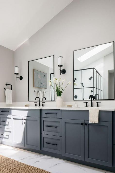 Farmhouse Bathroom Ideas Black And White, Bathroom Black Hardware Ideas, Black And Grey Master Bath, Gray Cabinet Black Hardware Bathroom, Black Finishes In Bathroom, Bathroom Vanity Blue Gray, Master Bath Black Accents, Grey Bathroom Cabinets Black Hardware, Narrow Main Bathroom