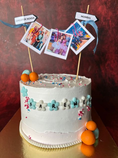 Customised Farewell Cake with hanging pics on top💕 Funny Farewell Cakes, Goodbye Cake, Africa Cake, Bon Voyage Cake, Birthday Greetings For Sister, Surprise Birthday Cake, Farewell Cake, Hanging Cake, Cake For Boyfriend