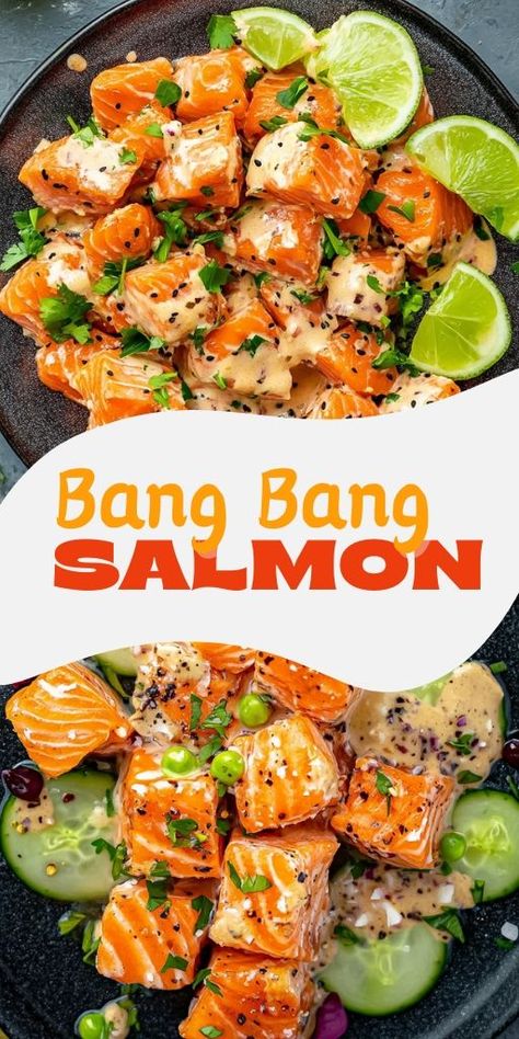 Bang Bang Salmon Ingredients: Salmon Bites: 1 ½ pounds salmon fillets (skin removed, cut into bite-sized pieces) 1 tablespoon olive oil 1 teaspoon garlic powder 1 teaspoon onion powder 1 teaspoon smoked paprika ½ teaspoon salt ½ teaspoon black pepper ¼ teaspoon cayenne pepper (optional, for extra heat) Bang Bang Sauce: ½ cup mayonnaise ¼ cup Thai sweet chili sauce 1 tablespoon sriracha sauce (adjust to taste) 1 tablespoon honey 1 tablespoon lime juice #BangBang #Salmon Bang Bang Salmon, Sriracha Salmon, Salmon Bites Recipe, Bang Bang Sauce, Salmon Bites, Sriracha Sauce, Salmon Recipe, Sweet Chili Sauce, Cayenne Pepper