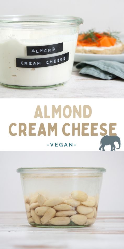 Almond Cream Cheese (vegan and gluten-free) - Easy Almond Cream Cheese made with only 4 ingredients! This basic version is highly versatile - add chives, sun-dried tomatoes, or herbs! | ElephantasticVegan.com #almond #creamcheese #vegancheese #vegan #glutenfree Almond Cheese Recipe, Non Dairy Cream Cheese, Plant Based Cream Cheese, Diy Almond Milk, Vegan Cream Cheese Recipe, Cooking Substitutes, Almond Cream Cheese, Food Sauces, Almond Milk Cheese