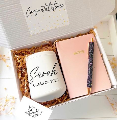 Graduation Gift Basket Ideas, Sentimental Graduation Gifts, Graduation Gift Basket, Congratulations Note, High School Grad Gifts, Graduation Gifts For Best Friend, Matte Tumbler, Best Graduation Gifts, Pink Notebook