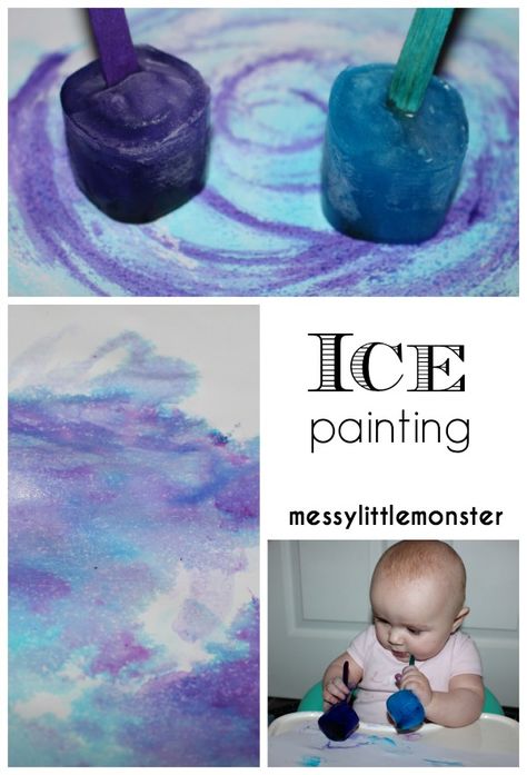 Ice painting thats taste safe for babies toddlers and preschoolers. A perfect process art technique for a winter topic. Ice Painting, Infant Classroom, Winter Preschool, Daycare Crafts, Toddlers And Preschoolers, Toddler Art, Toddler Fun, Baby Sensory, Learning Colors