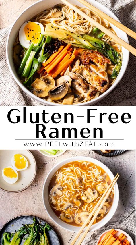 Gluten-Free Ramen This gluten-free ramen recipe is a shoyu-style ramen. My version of GF ramen is complete with a ramen egg, crispy chicken and a flavorful broth. Add your favorite veggies and enjoy! Gf Ramen Noodle Recipes, Gluten Free Chicken Ramen, Rice Ramen Noodles Recipes, Paleo Ramen Recipes, Ramen Gluten Free, Instant Pot Vegan Ramen, Fodmap Gluten Free Recipes, Rice Ramen Noodle Recipes Soup, Dairy Free Ramen Recipe