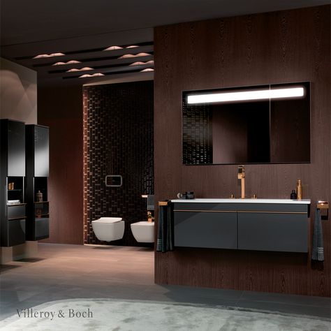 Give your bathroom more style and elegance with a timeless colour scheme. Rose-gold and black is the new trend in interior design. These colours will transform your bathroom to a modern highlight. Ideal for a high-quality ambience. // bathroom ideas bathroom color schemes color palette 2020 Inspiration interior design white bathroom vanity unit Waschtische Badezimmer Einrichtungsideen Villeroy & Boch #colourdesign #bathroom #colourtrend #villeroyboch Gold And Black Bathroom, Bathroom Cabinets Designs, Bathroom Planner, Bathroom Color Schemes, Bad Inspiration, White Interior Design, Bathroom Color, White Vanity Bathroom, Big Bathrooms