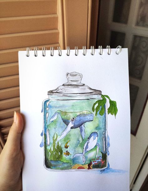 Magic jar Jar Drawing Aesthetic, Jar Art Drawing, Magic Jar, Jar Watercolor, Watercolour Sketches, Prayer Jar, Underwater Painting, Watercolor Whale, Art Whimsical