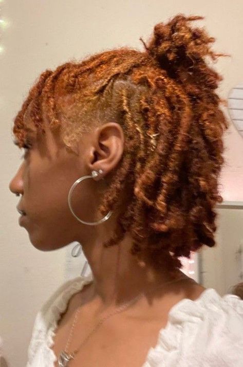 Short Ginger Faux Locs, Short Ginger Locs, Ginger Hair Black Women Locs, Ginger Locs Black Women, Locs Hairstyles Short, Loc Color Ideas Black Women, Locs Ginger, Loc Styles For Short Hair, Locs Dyed