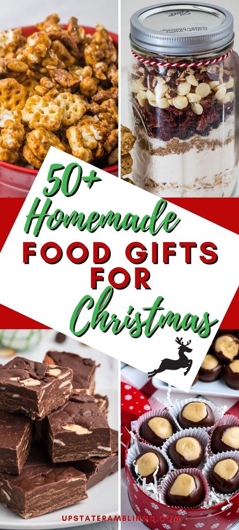 collage pin of food gift ideas Home Made Food Gifts Christmas, Best Homemade Food Christmas Gifts, Christmas Gift Baskets Baked Goods, Homemade Desserts For Gifts, Christmas Snacks For Gifts Easy Diy, Christmas Gift Ideas Baked Goods, Holiday Snack Gifts, Edible Gifts For Christmas, Diy Christmas Dessert Gifts