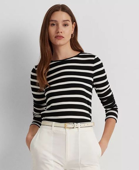 Lauren Ralph Lauren - Long-Sleeve Stretch T-Shirt Breton Stripe Shirt, White Stripes Shirt, Striped Long Sleeve Tee, Timeless Wardrobe Staples, Ralph Lauren Long Sleeve, Stripe Shirt, Long Sleeve Tee Shirts, Ralph Lauren Womens, Striped Tee