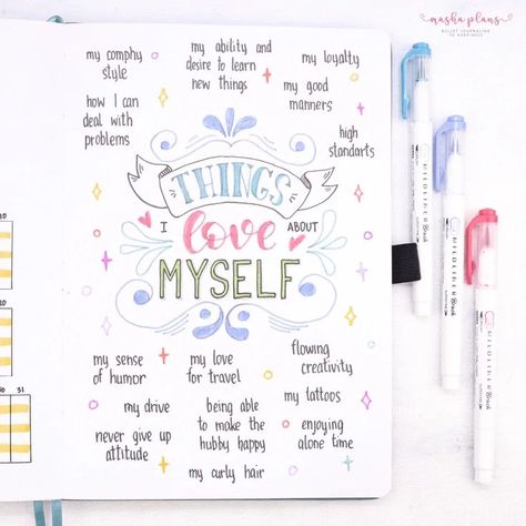 Self-care is so important! Your Bullet Journal definitely can help you to make sure you always find time for yourself. Check out these Bullet Journal page ideas. bullet journal ideas | bujo spreads | journal ideas | life journal ideas | journal inspiration | journal inspo | how to keep a journal | journaling layout | journal inspiration | creative journaling ideas | journal stuff Things I Love About Myself, Bullet Journal Mental Health, Bullet Bullet, Bullet Journal Page Ideas, Journal Page Ideas, How To Bullet Journal, Bullet Journal Work, Inspirational Journal, Bullet Journal Page