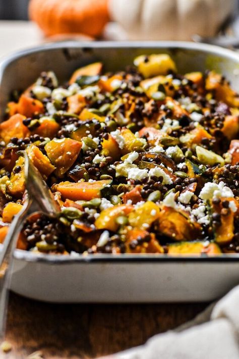 This Roasted Squash and Lentil Salad has the perfect balance of hearty and healthy! Combining warm, roasted vegetables with protein-packed lentils, tangy feta, and crunchy pepitas, this salad makes for a satisfying meal or side dish! It Fall Lentil Salad, Lentil Side Dish, Lentil Salad Recipes, Feta Salad Recipe, Greek Chicken Salad, Roasted Vegetable Salad, Butternut Squash Salad, Brunch Food, Toasted Pumpkin Seeds