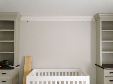 Adding Crown Molding To A Room (And Some Built-Ins) | Young House Love Add Crown Molding To Bookcase, Bookshelf With Crown Molding, Crown Moulding Short Ceiling, Crown Molding Return, Tiny Crown Molding, Storage Basement, Crown Paint, Cut Crown Molding, Crown Paints