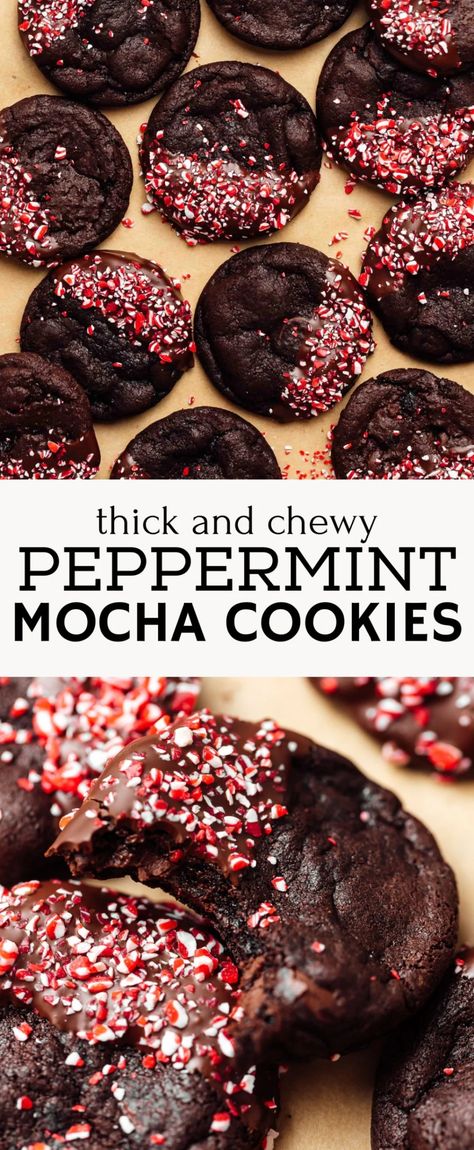 Peppermint Mocha Cookies are the perfect addition to a holiday cookie platter! Chewy mocha cookies are dipped in dark chocolate topped with crushed candy cane bits. #peppermintmocha #cookies #holidaycookies #christmascookies #bakedambrosia | bakedambrosia.com Peppermint Mocha Cookies, Crushed Candy Cane, Mocha Cookies, Coffee Candy, Cookie Platter, Best Cookies Ever, Candy Cane Cookies, Holiday Cookie Exchange, Frozen Cookie Dough