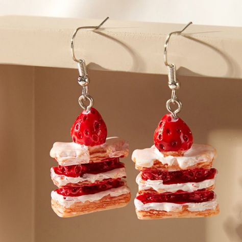 Material: Resin Silly Earrings, Cake Earrings, My Schedule, Cake Shapes, Angel Jewelry, Food Jewelry, Red Strawberry, Funky Jewelry, Strawberry Cheesecake