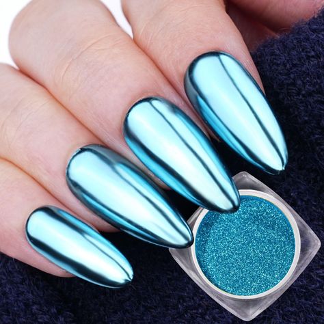 PRICES MAY VARY. 【Mirror Chrome Powder】：Cyan (Lake Blue)Chrome Nail Powder。 【Mirror Chrome Powder】：Item Weight 0.5g。 【Mirror Chrome Powder】：You’ll be able to apply a full manicure 10-12 times (about 120 nails)。 Warm Tip:The chrome nail powder is ultra-fine and easy to color;No matter how choose, you are unique. PrettyDiva Cyan Chrome Nail Powder Winter Holiday Chrome Nail Powder Metallic Powder - Valentine's Day Glitter 0.5g/Jar Blue Chrome Nail, Blue Chrome Nails, Chrome Nails Designs, Chrome Nail Powder, Blue Chrome, Metallic Powder, Black Acrylic Nails, Chrome Nail, Chrome Powder