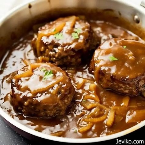 HAMBURGER STEAKS WITH BROWN GRAVY Hamburger Pattie’s With Brown Gravy, Hamburger Steaks With Brown Gravy, Hamburger Steak With Brown Gravy, Hamburger Steaks, Comfort Meals, Juicy Hamburgers, Chopped Steak, Smothered Pork, Beef Meals