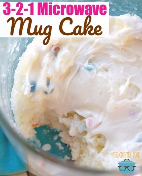 3-2-1 Microwave Mug Cake The Country Cook - 3-2-1 Microwave Mug Cake is the answer when you only want a small dessert and don't want to make a lot of fuss. Easy with only has a couple of ingredients! #321microwavemugcake #dessert Cake Microwave, Microwave Mug Cake, Easy Mug Cake, Microwave Mug, Microwave Cake, Mug Cake Microwave, Single Serve Desserts, Country Cook, The Country Cook