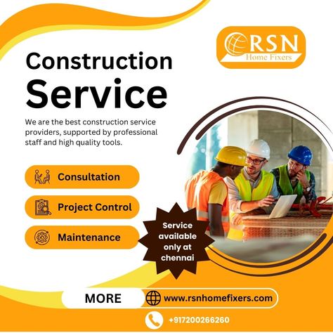 Contact Us Today! Ready to give your home a makeover? Get in touch with us today to schedule a consultation. Call us at +91 7200266260 or visit our website at www.rsnhomefixers.com. Remember, RSN Home Fixers is available exclusively in Chennai, so don't miss out on the opportunity to transform your home with us! Our Services Include:  Interior and exterior painting Carpentry and woodworking Electrical and plumbing repairs Flooring installation Kitchen and bathroom remodeling And much more!v Construction Advertisement, Fabric Buildings, Electrician Services, Plumbing Repair, Kitchen Bathroom Remodel, Commercial Construction, Building Plan, Building Systems, Construction Services