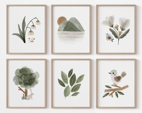 A set of 6 woodland nursery wall art prints featuring mountains, a tree, a bird, white flowers and leaves. A lovely gender-neutral woodland green nursery decor addition for any woodland themed nursery.  TAGS: Woodland nursery decor, woodland nursery wall art, woodland nursery prints, Gender Neutral Nursery Decor Art, Green nursery decor, green woodland prints, green nursery wall art, nursery wall art, mountain nursery decor, bird nursery decor, forest nursery wall art, forest nursery decor, gender neutral nursery prints, printable art, digital downloads. This is a DIGITAL download. No physical product will be shipped via post. Frames are NOT included. You can use the files to print the artwork at home or a local copy shop /online print shop of your preference. For PERSONAL USE only. Colors Green Baby Wall Art, Gender Neutral Nursery Wall Art, Gray And Green Nursery, Boy Nursery Ideas Green, Green And Grey Nursery, Green And White Nursery, Green Gender Neutral Nursery, Green Nursery Wall, Green Nursery Decor