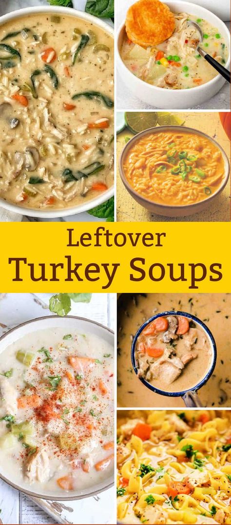 After you're done with the Thanksgiving or Christmas turkey, make these Heart-Warming Turkey Soup Recipes with those yummy leftovers! Leftover Turkey Soup Recipes, Turkey Soup Recipes, Turkey Rice Soup, Thanksgiving Soups, Easy Homemade Soups, Leftover Turkey Soup, Stews Recipes, Flexitarian Recipes, Turkey Soup Recipe