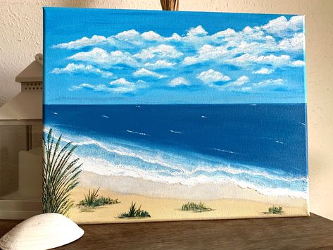 Easy Horizontal Paintings, Easy Landscape Paintings, Seaside Paintings, Horizontal Painting, Easy Canvas, Easy Canvas Art, Acrylic Painting For Beginners, Blue Beach, Ocean Painting