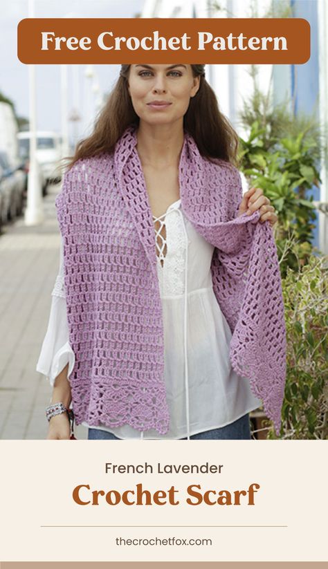 Jazz up any of your daily summer outfits this season by making this chic light-weight crochet stole. This easy crochet pattern features a lace pattern and fans giving it a breathable look and feel. This also makes for a lovely handmade gift for friends and family.| More free crochet patterns at thecrochetfox.com Daily Summer Outfits, Free Lace Crochet Patterns, Free Crochet Shawl Patterns, Crochet Stole, Crochet Shawl Patterns, Crochet Shawl Tutorial, Diy Crochet Gifts, Lavender Crochet, Irish Lace Crochet Pattern