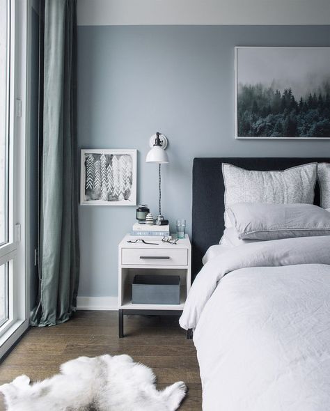 A light gray-blue paint color is an easy way to mimic the sky and is an encouraging color to use in a space. Light Blue Bedroom, Blue Gray Bedroom, Grey Bedroom Design, Blue Gray Paint Colors, Best Bedroom Colors, Dream Bedrooms, Grey Bedroom Decor, Blue Gray Paint, Blue Bedroom Decor