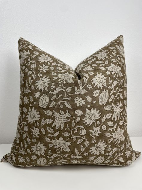 PRICES MAY VARY. 100% Organic Linen Jules pillow features a balmy dusty-brown coloring of the Ivy pattern. The hand block floral design reflects the blooming season of spring. This pillow pairs well with so many designs! Handmade pillow covers with intricate hand block printing on 100% organic linen front and 100% organic cotton duck-canvas reverse. Inserts not included; recommend going up 2" for a full look (eg, 20x20 cover fits a 22x22 insert perfectly). DRY CLEAN only; iron at medium setting Throw Pillows On White Bedding, Amber Interiors Pillows, Olive Green Throw Pillow, Earth Tone Pillows Couch, Ruffle Throw Pillow, Fall Pillow Combos, Textured Home Decor, Autumn Throw Pillows, Dark Academia Throw Pillows