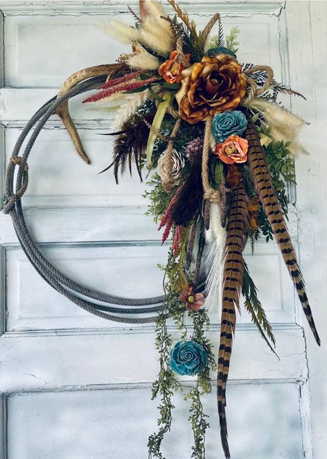 Excited to share this item from my #etsy shop: Southwestern Lasso Wreath with Single Deer Antler and Feathers- Cowboy Lariat Rope Wreath - Custom Colors Available - Farmhouse Decor Lasso Wreath, Lariat Rope Crafts, Rope Wreath Diy, Farmhouse Front Door Decor, Western Wreaths, Rope Wreath, Western Crafts, Door Wreaths Diy, Rope Crafts