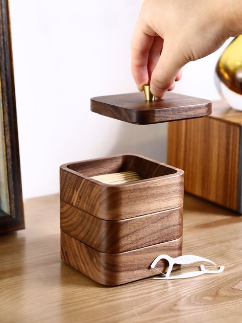 This stacked black walnut wooden box is perfect for organizing small items such as toothpicks. Its sleek design adds a touch of elegance to any space while its functionality helps keep things tidy. Made from high-quality black walnut wood Material:Black WanlutSize:9.6cm(L)*9.6cm(W)*12.2cm(H) (1 inch=2.54cm) Small Wood Boxes, Small Wooden Storage, Wood Box Design, Walnut Jewelry, Small Wood Box, Wooden Box Designs, Wood Gift Box, Christmas Gifts To Make, Woodworking Basics