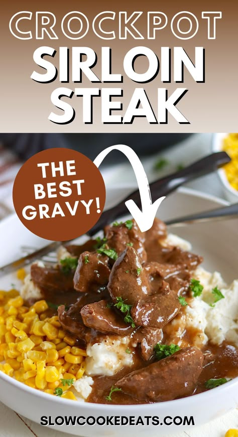 If you're looking for an easy, delicious beef recipe for dinner, you can't go wrong with Crock Pot Sirloin Steak with Gravy. This comfort food favorite is made with just five simple ingredients and is ready in no time. Plus, it cooks low and slow in a crock pot for a perfect, tender and juicy steak! The perfect busy weeknight dinner idea! Crockpot Steak And Gravy Slow Cooker, Crockpot Recipes For Steak, Beef Loin Strip Steak Recipes Crockpot, Tenderized Sirloin Steak Recipes, Slow Cooker Sirloin Steak And Gravy, Sirloin Steak Dinner Ideas Crockpot, Crock Pot Top Sirloin Steak, Sirloin Steak Crock Pot Recipes, Sirloin Steak Crockpot Recipes Easy