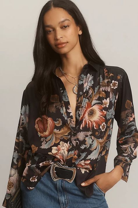 Women's Tops, Blouses, Tees and Tanks | Anthropologie Boho Rocker Chic Style, Boss Lady Outfit, Silky Shirt, Anthropologie Style, Floral Long Sleeve Shirt, Petite Tops, Peasant Blouse, Plus Size Blouses, Floral Shirt