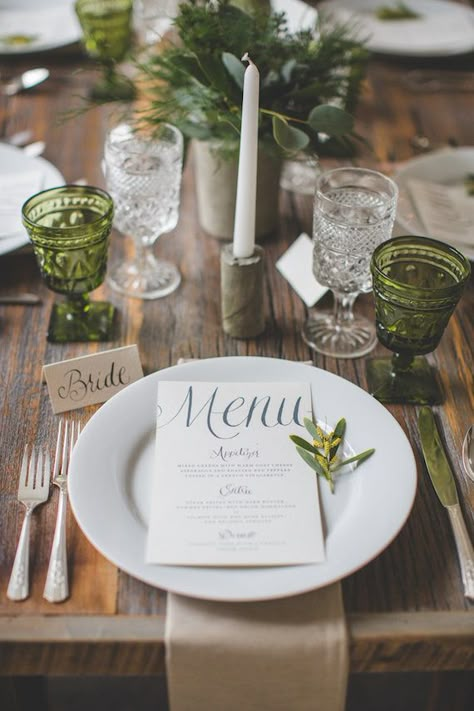 Vintage green and white wedding ideas | Photo by Your Wedding Project | Read more -  http://www.100layercake.com/blog/wp-content/uploads/2015/03/vintage-green-and-white-wedding-ideas Colored Goblets, Pressed Glassware, Green White Wedding, White Wedding Ideas, Wedding Table Menus, Green Glassware, Colored Glassware, Organic Wedding, Festa Party