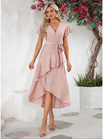 Party Dresses With Sleeves, Pink Wrap Dress, Asymmetrical Midi Dress, Vacation Dresses, Groom Dress, Faux Wrap Dress, Mother Of The Groom, Midi Dresses, Rose Pink