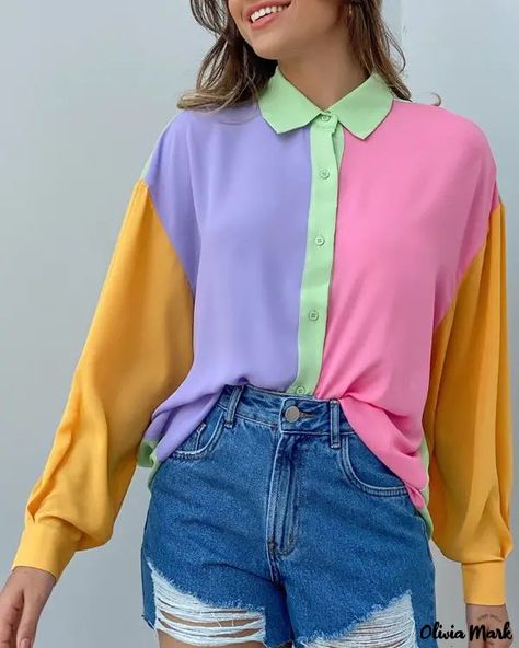 Olivia Mark - Button Front Long Sleeve Shirt Long Sleeve Turtleneck Dress, Womens Clothing Stores, White Casual, Look Cool, Long Sleeve Crop Top, Long Sleeve Shirt, Shirt Shop, Color Blocking, Shirt Style