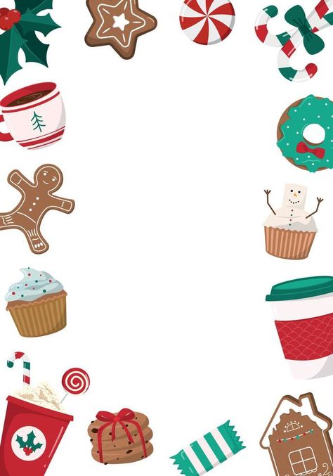 Cute Christmas frame with hot drinks, gingerbread cookies, and cupcakes on white background. Winter holidays, for kids, treats, New Year, Christmas market. Greeting card, banner Christmas Stickers Printable, Christmas Phone Backgrounds, Christmas Card Background, Kids Treats, Background Winter, Christmas Card Illustration, Christmas Frame, Kids Christmas Party, Christmas Poster