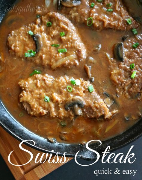 Everyone around here is pretty adventurous when it comes to eating, but honestly when I ask them for dinner suggestions it’s always comfort food. Swiss Steak is the ultimate comfort food, smash some redskins, add green beans or any favorite veggie and you are good to go!! Creamy, saucy, meaty, gravy, buttery, custardy, luverly all ... Read More about Swiss Steak Steak Recipes Skillet, Tenderized Round Steak, Cauliflower Flatbread, Cube Steaks, Beef Cutlets, Swiss Steak Recipes, Dinner Suggestions, Round Steak Recipes, Cube Steak Recipes