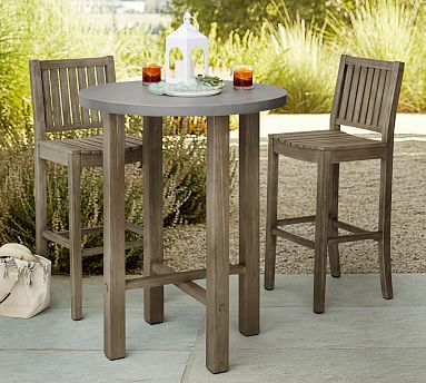 Abbott 34" Concrete & FSC® Acacia Bar Height Table, Gray #potterybarn Outdoor Bar Height Table, Bar Height Dining Table, Patio Dining Furniture, Weathered Furniture, High Top Tables, Bar Height Table, Dining Chair Cushions, Dining Table Legs, Outdoor Dining Furniture