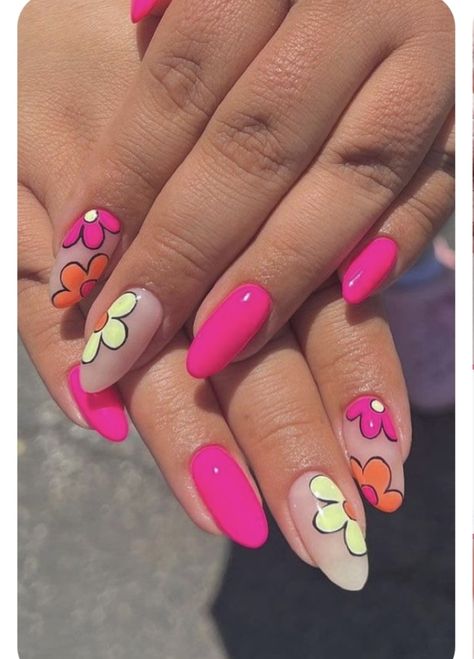 Summer Nail Art Almond Shape, Bright Summer Floral Nails, Vibrant Nail Art, May Inspired Nails, Neon Flowers Nails, Cartoon Flower Nails, Nail Art Designs Bright Colors, Fun Short Summer Nails, Bright Nails For Summer Neon