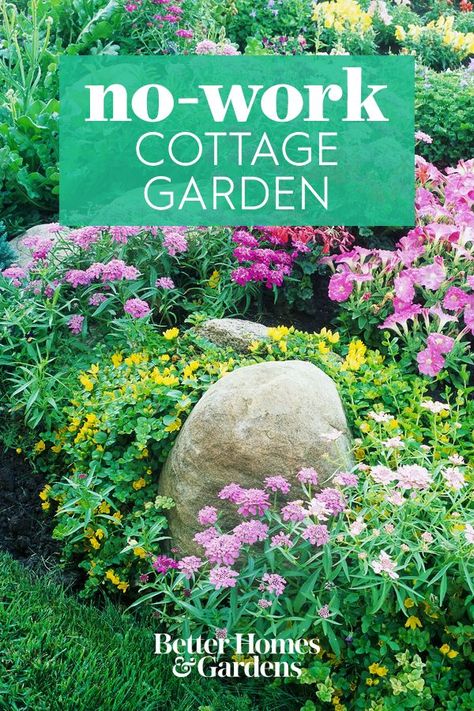 Low Maintenance English Garden, Cottage Garden Low Maintenance, Low Maintenance Garden Bed, Large Flower Garden Ideas, Low Maintainance Garden, Beautiful Cottage Gardens, Large Flower Gardens, Natural Flower Garden, Small Cottage Garden Ideas On A Budget