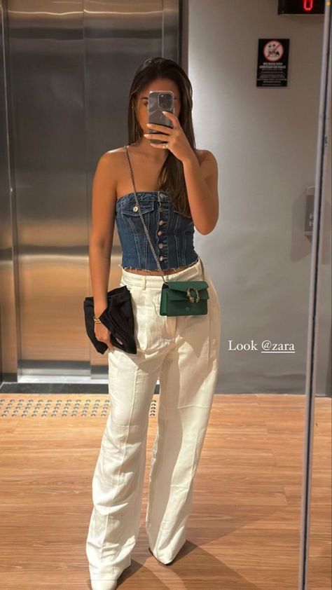 Pant Body Suit Outfits, White Button Up Casual Outfit, Demin Tops Outfit, Jean Top Outfit, Denim Tank Top Outfit, Denim Top Outfit, Casual Outfits Chic, Jean Top Outfits, Denim Vest Outfit