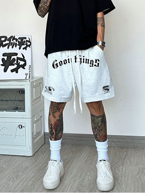 Grey Casual Collar  Knitted Fabric Letter Track Shorts Embellished Non-Stretch,Slight Stretch  Men Clothing Nice Clothes Men, Cruise Fits Men, Sporty Fashion Men, Shorts Fits Men, Short Shorts Men Outfit, Shein Outfits Men, Shorts Outfits Men Streetwear, Shorts Outfits Men, Short Shein