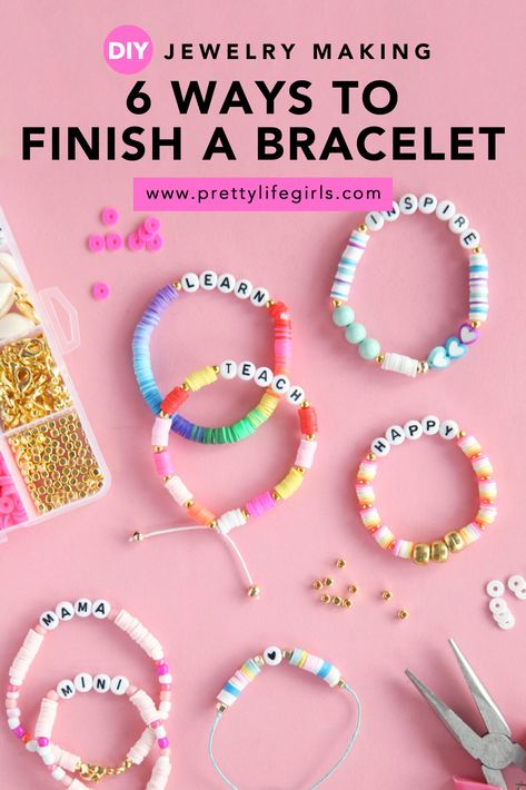 Finishing A Bracelet, Tips For Making Clay Bead Bracelets, How To Make A Bracelet With A Clasp, How To Make Bracelets With Clasp, How To Make Stretchy Bracelets, Finishing Beaded Bracelet, Adjustable Bead Bracelet, Double Bracelet Tutorial, Diy Clay Bracelets Tutorials