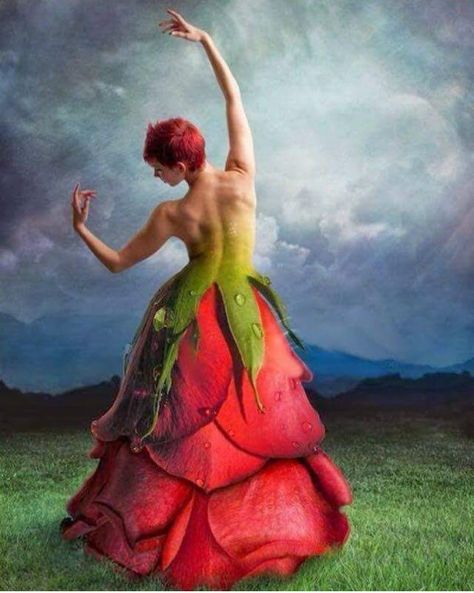 Flower Costume, Flower Fashion, Surreal Art, Surrealism, Flower Art, Beautiful Art, Red Dress, Fantasy Art, Cool Art