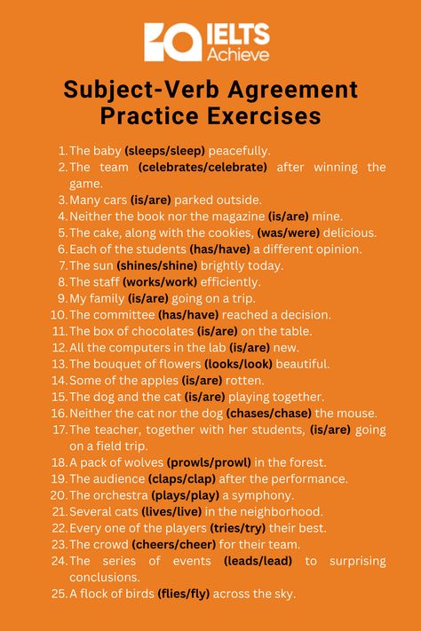 Learn the essential rules of subject-verb agreement with clear explanations and examples. Test your understanding with 25 practice exercises. Subject Verb Agreement Worksheet, Subject Verb Agreement Activities, Collective Nouns Worksheet, Subject Verb Agreement Rules, Grammar Tenses, Advance English, English Practice, Advanced Vocabulary, English Collocations