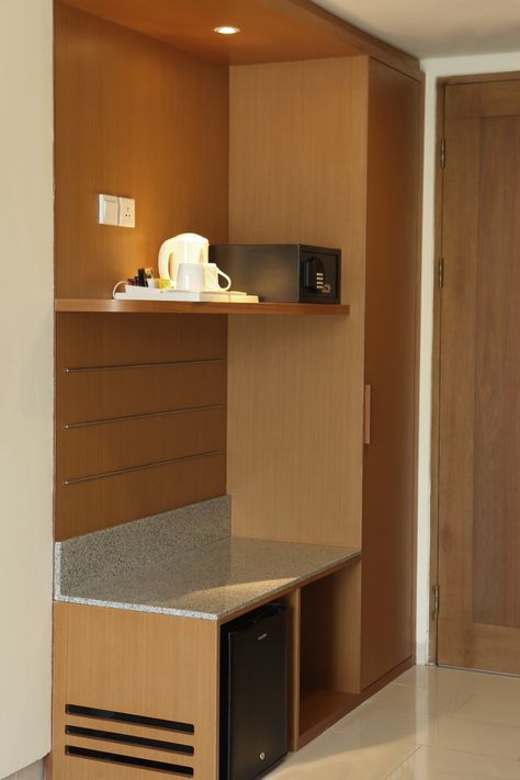 In Room Amenities - Safe, Mini Fridge and Closet Mini Bar Refrigerator, Hotel Room Luggage Rack Design, Hotel Cupboard Design, Hotel Room Amenities Ideas, Hotel Wardrobe Design, Luggage Rack Hotel, Hotel Wardrobe, Hotel Closet, Hotel Minibar