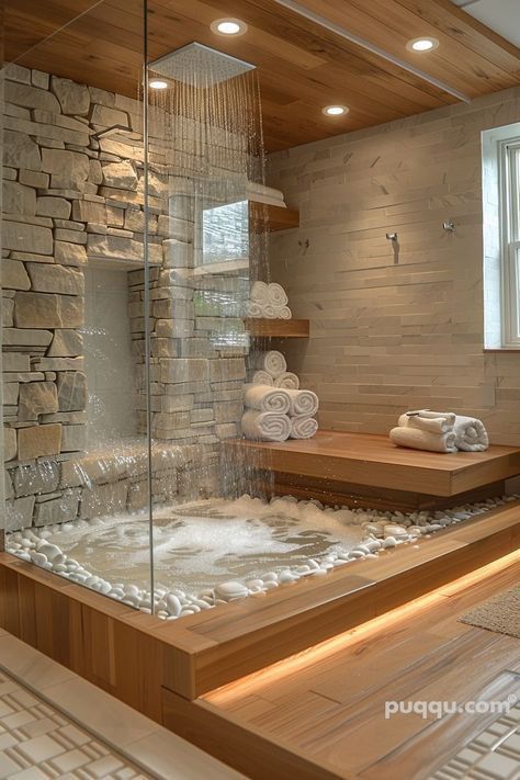 Spa Type Bathroom, Gorgeous Showers, Jaccuzi Bathroom Master Bath, Bathtub In Shower Walk In, Open Shower Ideas Walk In, Doorless Showers Walk In Master Bath, Rock Shower Ideas, Rustic Walk In Shower Ideas, 2024 Bathroom