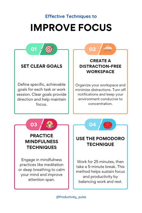 Enhance your concentration with these 4 effective focus improvement techniques. Find out how to set clear goals, create a distraction-free workspace, practice mindfulness, and use the Pomodoro Technique to boost your focus. Study Lover, Life To Do List, Mind Therapy, Focus Tips, The Pomodoro Technique, Personal Skills, Eliminate Distractions, Deep Work, Organize Life